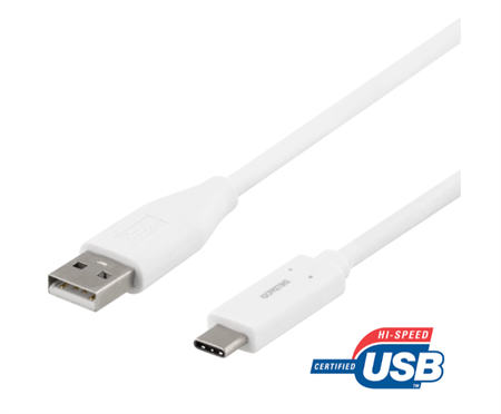 Deltaco USB-A till USB-C kabel, 1m, 3A, USB 2.0, vit